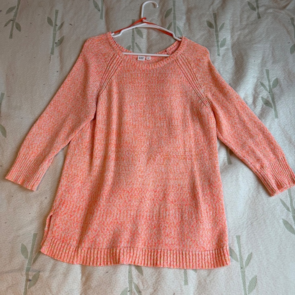 Cozy Marled Knit Sweater Coral Pink Yellow Tunic Pullover Raglan Large